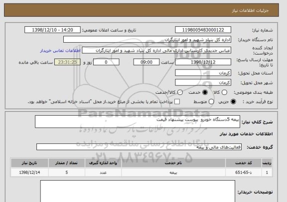 استعلام بیمه 5دستگاه خودرو  پیوست پیشنهاد قیمت