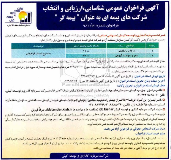 فراخوان عمومی، فراخوان عمومی شناسایی، ارزیابی و انتخاب شرکت های بیمه ای 