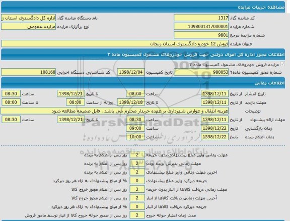 مزایده فروش 12 خودرو 