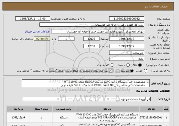 استعلام مشخصات فنی دستگاه تراش CNC: شرکت ECOCA تایوان MT-310MC
مشخصات فنی ماشین فرز CNC: مدل PCV400 شرکت SMEC کره جنوبی
