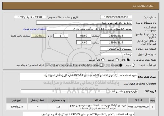 استعلام خرید 4 حلقه لاستیک لودر کماتسو w260 در سایز 29-29/5 اداره کل راه آهن جنوبشرق