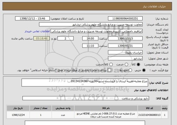 استعلام چراغ معاینه-iهزینه ارسال با فروشنده-تسویه30روزه-09154224387