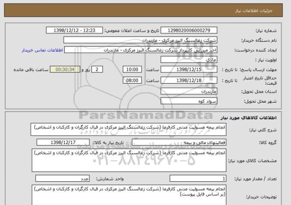 استعلام انجام بیمه مسولیت مدنی کارفرما (شرکت زغالسنگ البرز مرکزی در قبال کارگران و کارکنان و اشخاص)