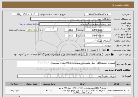 استعلام تجهیزات آزمایشگاهی طبق مشخصات پیوستی (کدکالا مشابه میباشد)