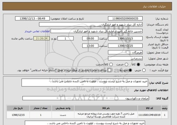 استعلام خرید تجهزات و مبل به شرح لیست پیوست ، اولویت با تامین کننده داخلی می باشد .