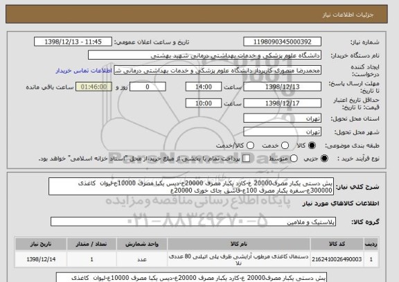 استعلام یش دستی یکبار مصرف20000 ع-کارد یکبار مصرف 20000ع-دیس یکبا مصرف 10000ع-لیوان  کاغذی 300000ع-سفره یکبار مصرف 100ع-قاشق چای خوری 20000ع