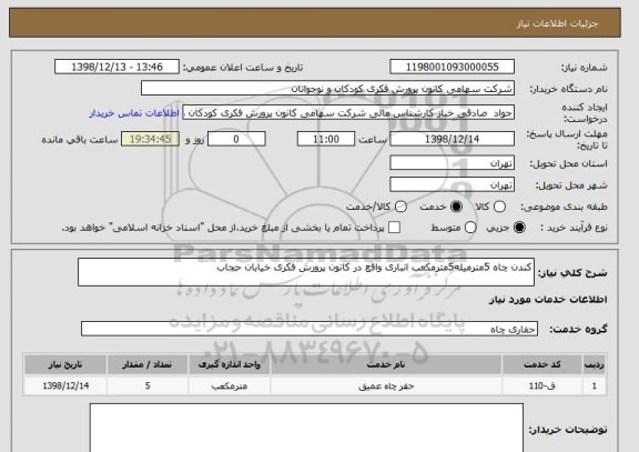 استعلام کندن چاه 5مترمیله5مترمکعب انباری واقع در کانون پرورش فکری خیابان حجاب