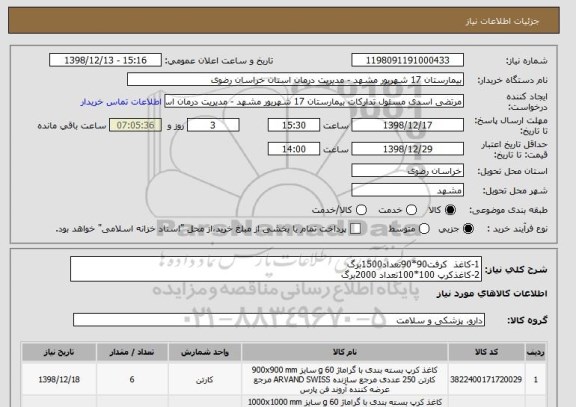 استعلام 1-کاغذ  کرفت90*90تعداد1500برگ
2-کاغذکرپ 100*100تعداد 2000برگ