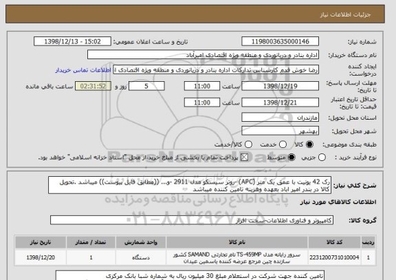 استعلام رک 42 یونیت با عمق یک متر (APC) -روتر سیسکو مدل 2911 -و... ((مطابق فایل پیوست)) میباشد .تحویل کالا در بندر امیر اباد بعهده وهزینه تامین کننده میباشد 