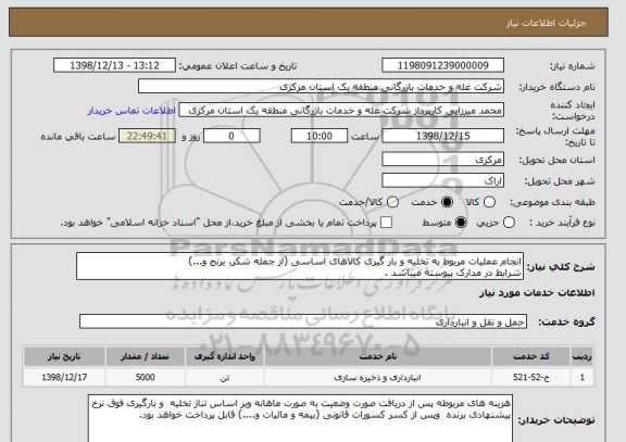 استعلام انجام عملیات مربوط به تخلیه و بار گیری کالاهای اساسی (از جمله شکر، برنج و...)
شرایط در مدارک پیوسته میباشد .