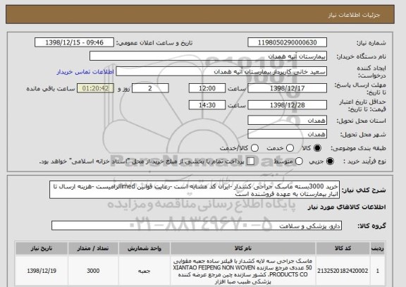 استعلام خرید 3000بسته ماسک جراحی کشدار -ایران کد مشابه است -رعایت قوانین imedالزامیست -هزینه ارسال تا انبار بیمارستان به عهده فروشنده است 