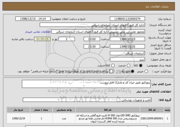 استعلام پروژکتور طبق ایران کد و مدارک فایل پیوست