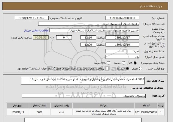 استعلام 3000 اصله درخت مثمر شامل هلو زردآلو شلیل و انجیر و شاه توت،بیدمشک،سایز سطل 7 و سطل 10