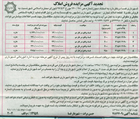 مزایده مزایده فروش 5 قطعه املاک تجاری - مسکونی 