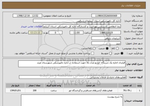 استعلام قرارداد اجاره یک دستگاه خودرو مدل بالا جهت استفاده در اداره دامپزشکی شهرستان مرند