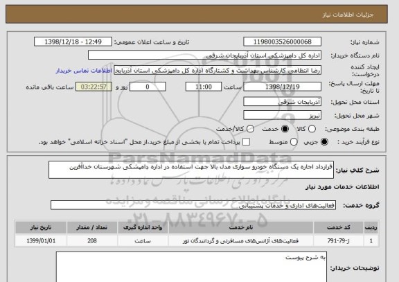 استعلام قرارداد اجاره یک دستگاه خودرو سواری مدل بالا جهت استفاده در اداره دامپشکی شهرستان خداآفرین