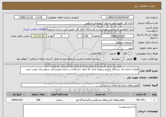 استعلام قرارداد اجاره یک دستگاه خودرو سواری مدل بالا جهت استفاده در اداره دامپزشکی شهرستان عجب شیر