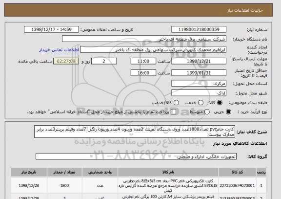 استعلام کارت خامpvc تعداد1800عدد ورول دستگاه لمینت 2عدد وریبون 4عدد وریبون رنگی 7عدد وفیلم پرینتر3عدد برابر مدارک پیوست