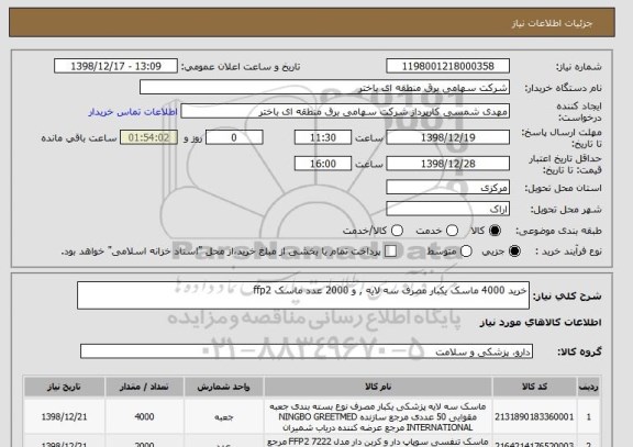 استعلام خرید 4000 ماسک یکبار مصرف سه لایه , و 2000 عدد ماسک ffp2