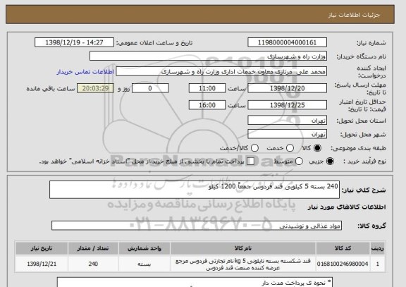 استعلام 240 بسته 5 کیلویی قند فردوس جمعاً 1200 کیلو