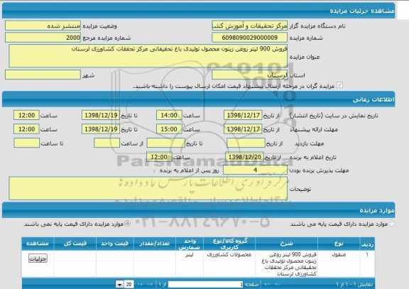 مزایده فروش 900 لیتر روغن زیتون محصول تولیدی باغ 