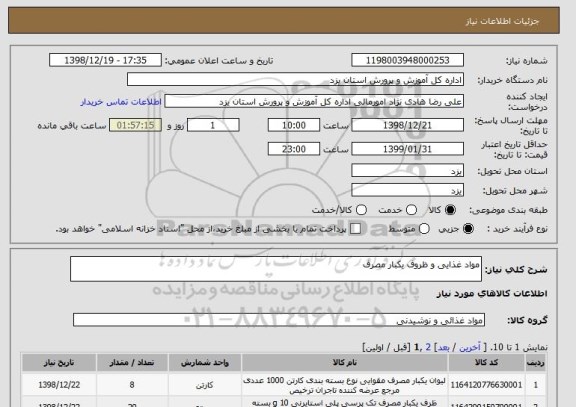 استعلام مواد غذایی و ظروف یکبار مصرف