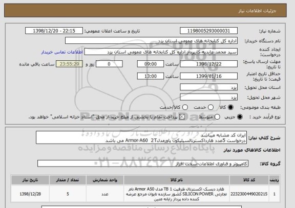 استعلام ایران کد مشابه میباشد 
درخواست 5عدد هارداکسترنالسیلیکون پاورمدلArmor A60  2T می باشد  