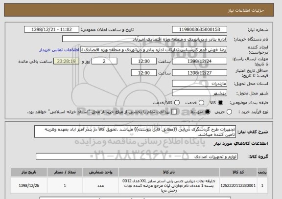 استعلام تجهیزات طرح گردشگری دریایی ((مطابق فایل پیوست)) میباشد .تحویل کالا در بندر امیر اباد بعهده وهزینه تامین کننده میباشد.