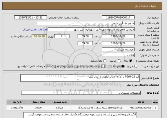 استعلام قیر PG64-22 با کرایه حمل وتحویل در آرین شهر