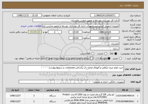 استعلام خرید انواع چرخ خیاطی و اتوبخار مخزن دار براساس مشخصات و شرایط پیوست.