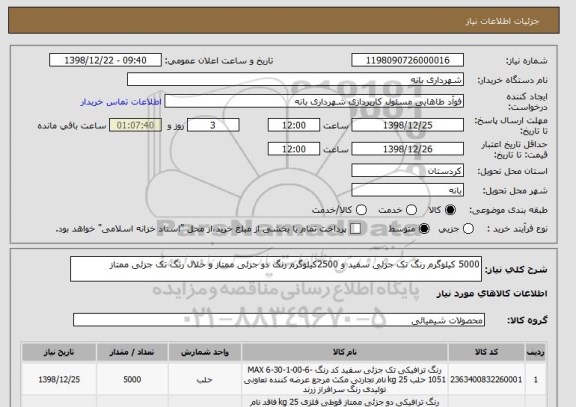 استعلام 5000 کیلوگرم رنگ تک جزئی سفید و 2500کیلوگرم رنگ دو جزئی ممتاز و حلال رنگ تک جزئی ممتاز