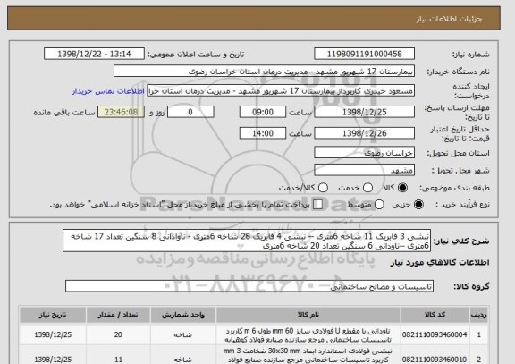 استعلام نبشی 3 فابریک 11 شاخه 6متری -- نبشی 4 فابریک 28 شاخه 6متری - ناوادانی 8 سنگین تعداد 17 شاخه 6متری --ناودانی 6 سنگین تعداد 20 شاخه 6متری 