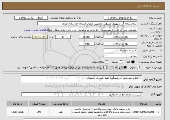 استعلام لوازم بهداشتی و شیرآلات طبق لیست پیوست 

