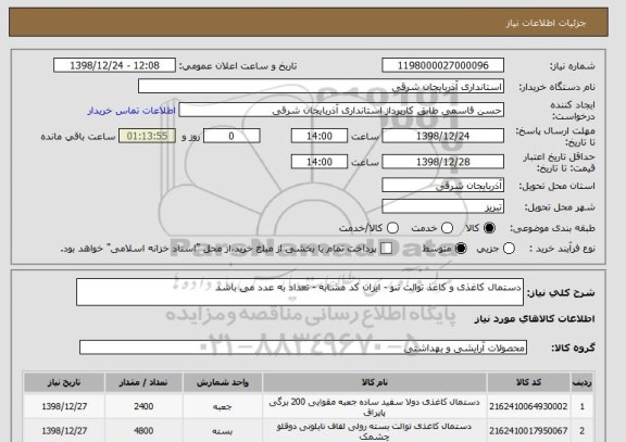 استعلام دستمال کاغذی و کاغذ توالت تنو - ایران کد مشابه - تعداد به عدد می باشد