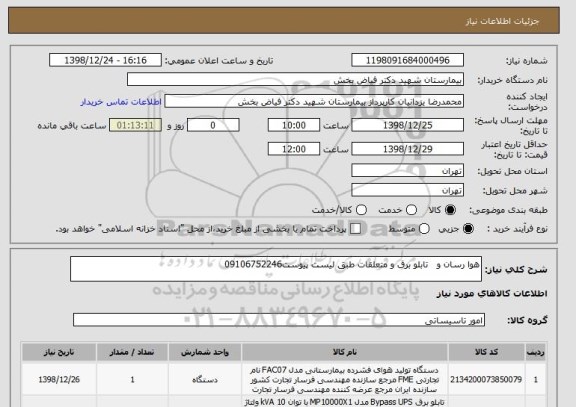 استعلام هوا رسان و   تابلو برق و متعلقات طبق لیست پیوست09106752246