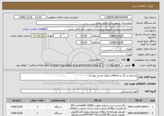 استعلام مشعل و دیگ و متعلاقات طبق لیست پیوست