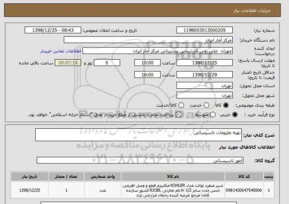 استعلام تهیه ملزومات تاسیساتی