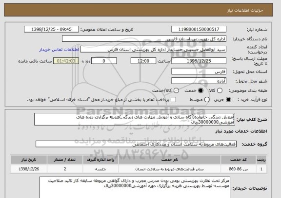 استعلام آموزش زندگی خانواده(آگاه سازی و آموزش مهارت های زندگی)هزینه برگزاری دوره های آموزشی30000000ریال