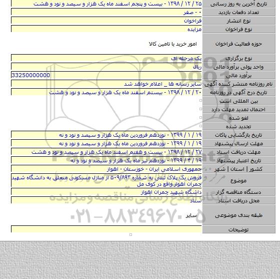 فروش یک پلاک ثبتی به شماره ۵۰۹/۸۹۳ از منازل مسکونی متعلق به  دانشگاه شهید چمران اهواز واقع در کوی مل