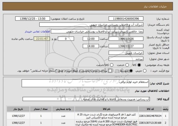 استعلام استعلام خرید لوازم برقی.