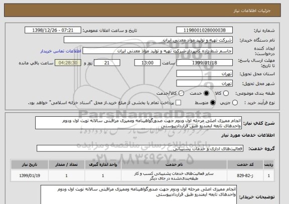 استعلام انجام ممیزی اصلی مرحله اول ودوم جهت صدورگواهینامه وممیزی مراقبتی سالانه نوبت اول ودوم 
واحدهای تابعه ایمندرو طبق قراردادپیوستی