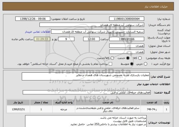 استعلام عملیات بازسازی تغذیه مصنوعی شهرستان های همدان و ملایر