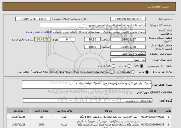 استعلام شرکت باید زیر نظر بهداشت وهزینه حمل با شرکت برنده میباشد