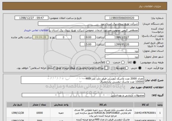 استعلام تعداد 2000 عدد ماسک تنفسی فیلتر دارد مدر N95 
10000 عدد ماسک تنفسی یکبارمصرف 