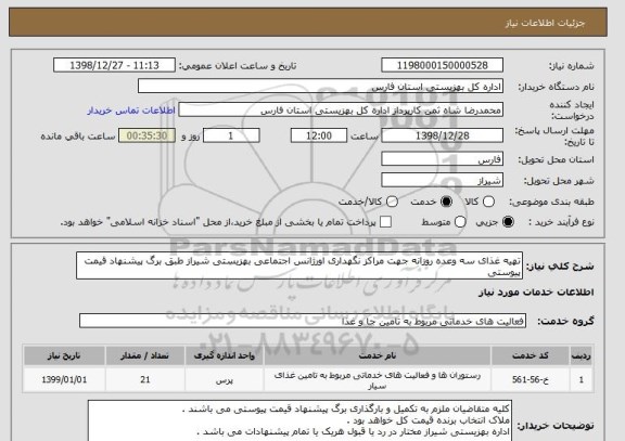 استعلام تهیه غذای سه وعده روزانه جهت مراکز نگهداری اورژانس اجتماعی بهزیستی شیراز طبق برگ پیشنهاد قیمت پیوستی