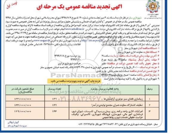 تجدید مناقصه عمومی، تجدید مناقصه واگذاری امورات خدماتی و پشتیبانی