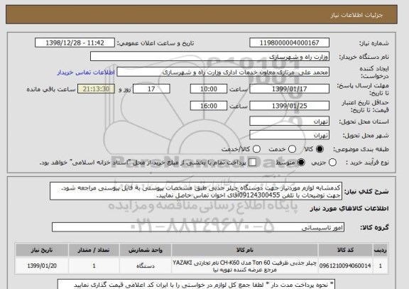 استعلام کدمشابه لوازم موردنیاز جهت دوستگاه چیلر جذبی طبق مشخصات پیوستی به فایل پیوستی مراجعه شود.
جهت توضیحات با تلفن 09124300455آقای اخوان تماس حاصل نمایید.