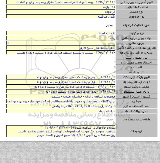 ش/۹۸/۳۷- مناقصه فشرده خرید رله های حفاظتی (یدکی) موردنیاز حوزه بهره برداری