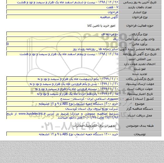 خرید ۱۲۰۰ دستگاه جعبه انشعاب نوع ABS با ۹ و ۱۲ انشعابه