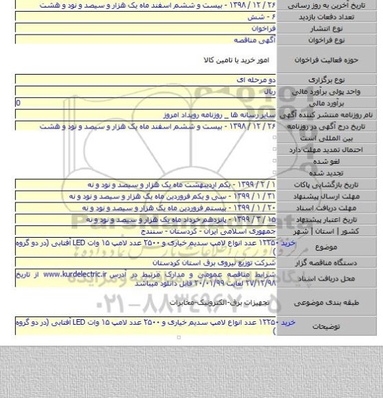 خرید  ۱۲۲۵۰ عدد انواع لامپ سدیم خیاری و ۲۵۰۰ عدد لامپ ۱۵ وات LED آفتابی (در دو گروه )